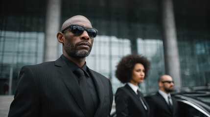 VIP Protection. An African American Security Chief Confidently Monitoring Order Outside Business Center