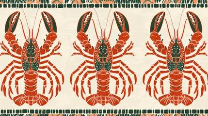 Graphic repeating lobster motif with decorative edging, seamless coastal seafood pattern