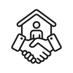 Real estate deal icon with handshake and house. Property sale agreement line symbol. Vector illustration.
