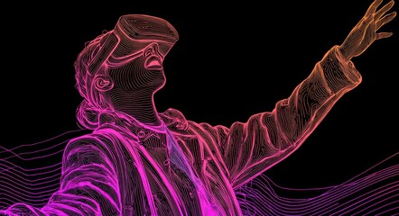 VR Headset Line Art. Excited African American Lady Playing Creative Interactive Game on Glowing Neon Lines
