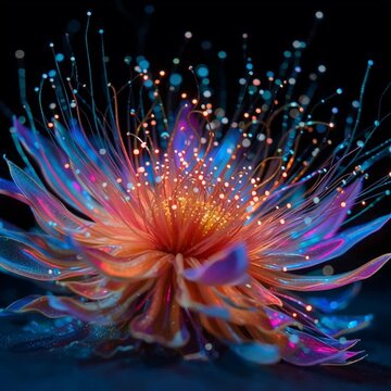 Vibrant floral form emerging from a cluster of glowing particles, each delicate petal made of radiant light fragments unfolding in synchronized bloom