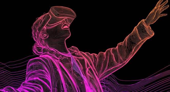 VR Headset Line Art. Excited African American Lady Playing Creative Interactive Game on Glowing Neon Lines - Powered by Adobe
