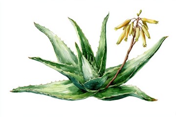 Watercolor Aloe Illustration. Realistic Hand Drawn Green Aloe Vera Plant with Flower, Isolated on White Background
