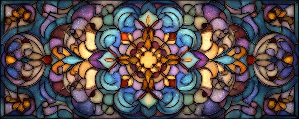 Colorful stained glass window. Abstract stained pane background. Vintage pattern. Glass stain pattern. Art Deco decor