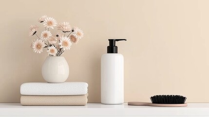 Serene Bathroom Aesthetic with Minimalist Hair Care Products, Soft Floral Arrangement, and Neat Textures
