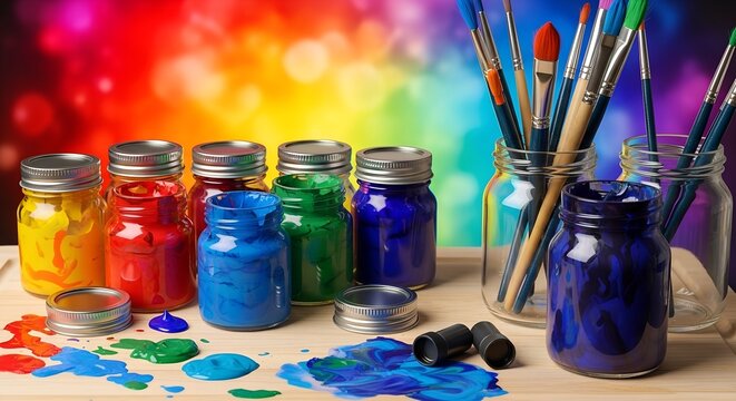 Vibrant paint jars, brushes, and colorful splatters on wood for creative art.