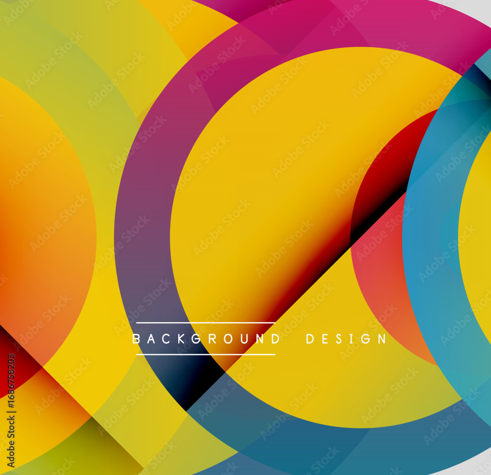 Poster abstract colorful circles overlap creating dynamic visual effect. bright gradients suggest depth, mo