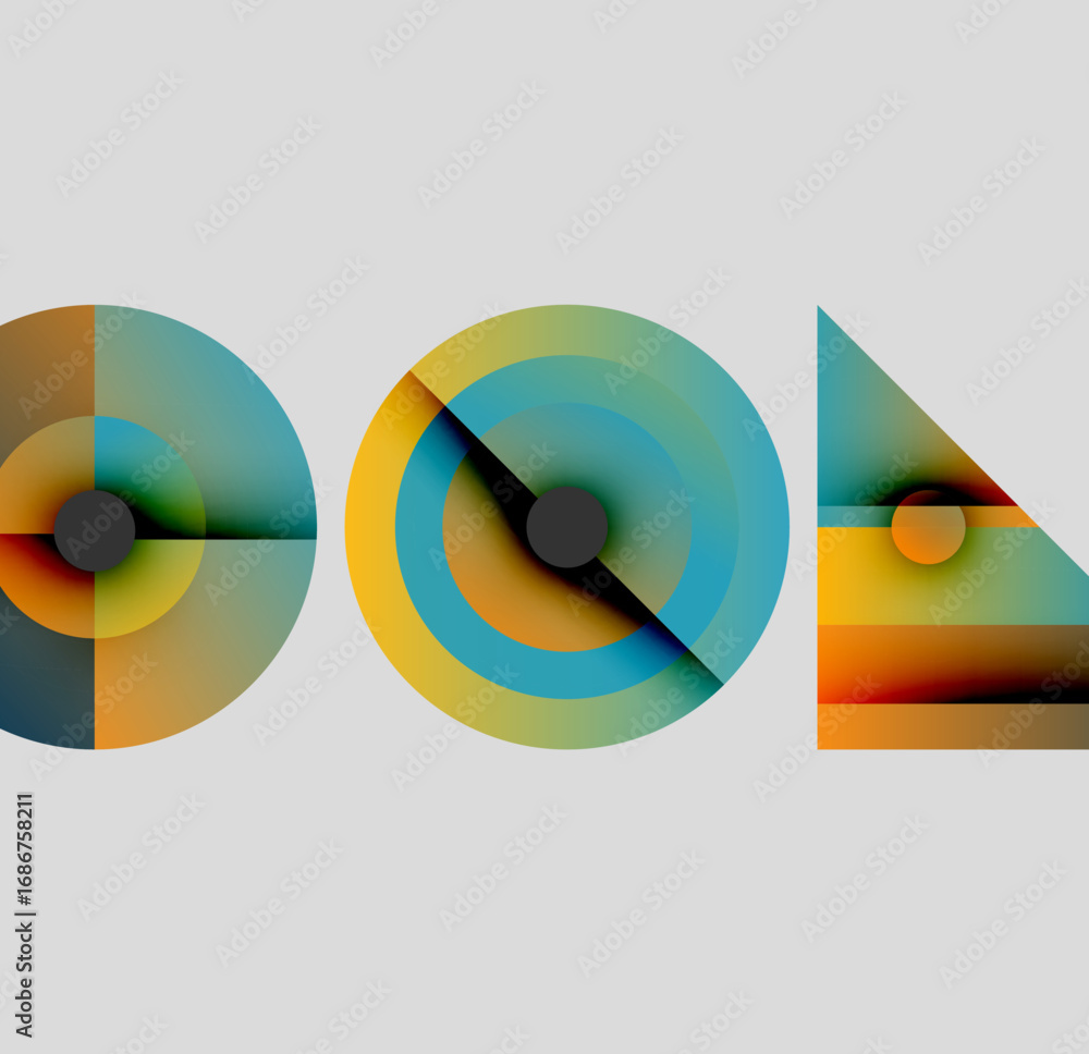 Poster abstract geometric shapes, circles, triangle. gradient colors blend, creating modern visual composit