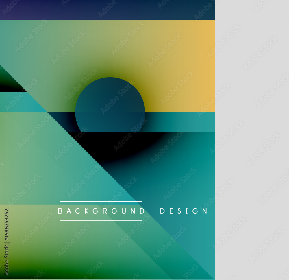 Poster abstract geometric composition. gradient colors blend, creating modern visual experience. shapes ove