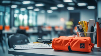 A set of emergency procedure manuals and safety equipment on a desk, on blurred background