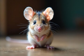 Tiny mouse, large black eyes, pink nose, fluffy tail, fauna, innocent, delicate