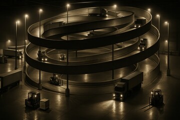 Fototapeta premium Night view showcasing a circular ramp structure with trucks and forklifts. The scene captures an industrial setting focused on logistics, transportation and cargo handling.
