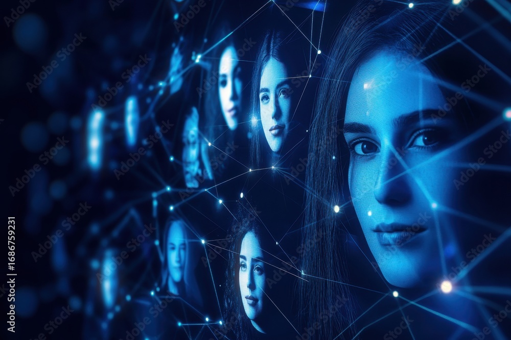 Poster digital art representation of interconnected faces in a futuristic network setting
