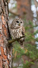 Owl perched on tree branch in forest