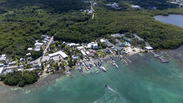 Aerial view of the coast, where turquoise waters meet the land dotted with buildings and lush green trees, San Andr&Atilde;&copy;s, San Andres and Providencia, Colombia.