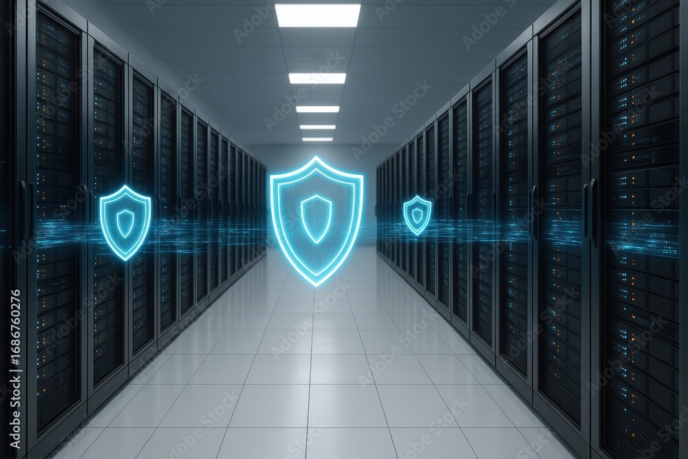 Poster data fortress: a sleek server room, with rows of advanced server racks and illuminated security shie