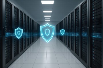 Data Fortress: A sleek server room, with rows of advanced server racks and illuminated security shield icon in a modern, technologically advanced, data center setting.  