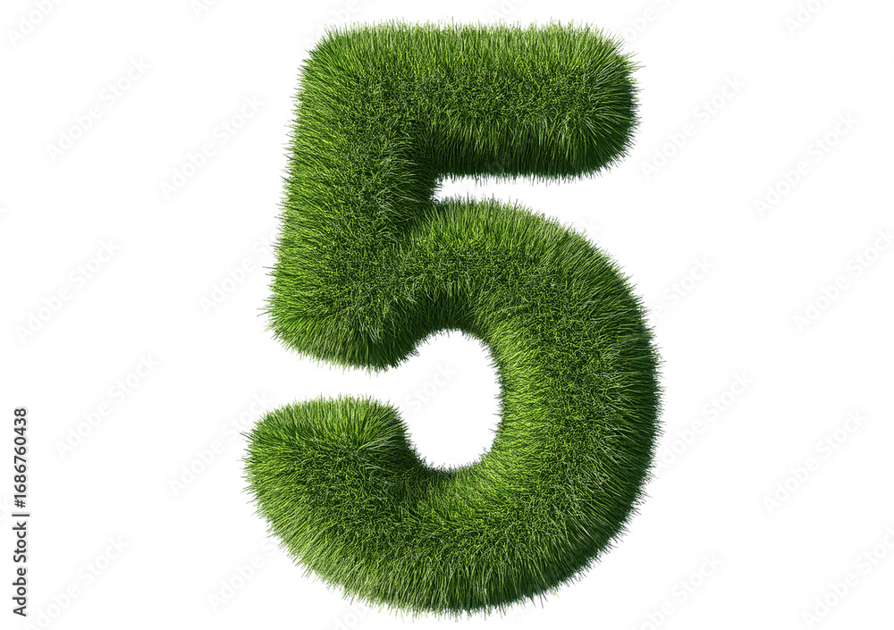 Aufkleber grass font 3d rendering number 5 isolated on a transparent or white background
