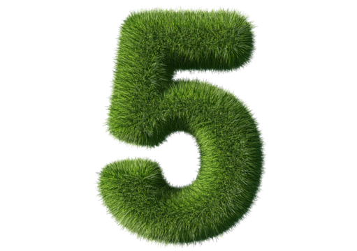Grass font 3d rendering number 5 isolated on a transparent or white background
