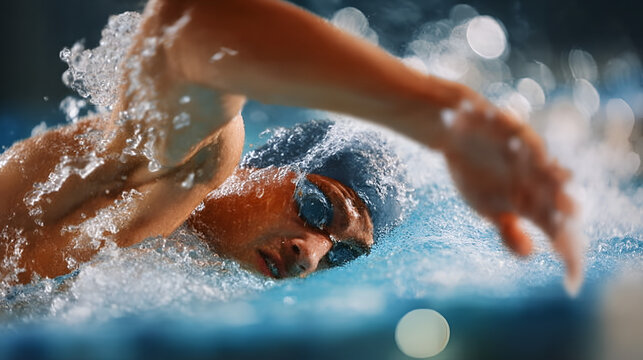 Dynamic Underwater Close up Swimmer Performing Freestyle Stroke in Competition. Ai Generated Images