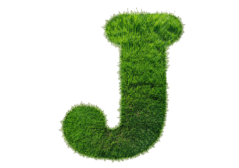 Grass font 3d rendering letter J isolated on a transparent or white background