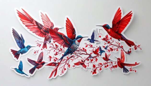 Artistic Flock of Red and Blue Hummingbirds Illustration.
