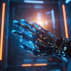 Close up of a futuristic robot hand with metal and neon details