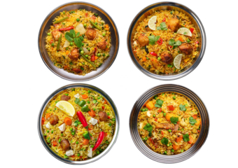 Set Indian vegetable biryani in balti dish isolated on transparent or white background