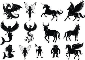 Silhouettes of mythical fantasy creatures including dragon, fairy, unicorn, pegasus, mermaid, phoenix, minotaur, goblin, magical beings, folklore, legends, fantasy art