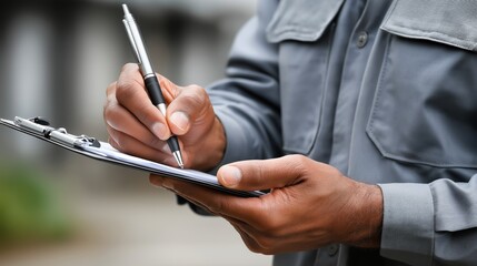 man in a gray uniform is focused on writing notes on a clipboard while standing outdoors. Sunlight highlights the details of his work as he takes careful notes