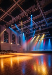 Obraz premium Illuminated stage in an empty venue with wooden floor reflections