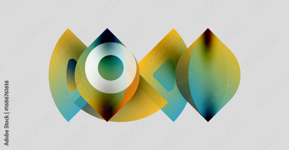 Poster abstract shapes overlap, creating vibrant color blends. design features gradients, curves, plus soft