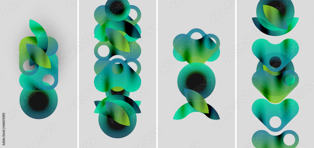 Poster Abstract composition featuring overlapping circular shapes. Gradient colors blend from teal to dark blue, creating dynamic visual flow. Minimalist design.