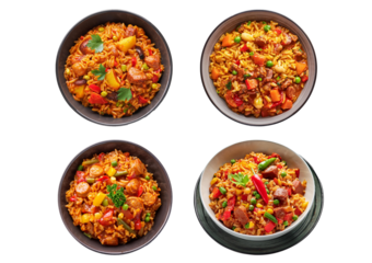 Set Jambalaya rice food on bowl isolated on transparent or white background