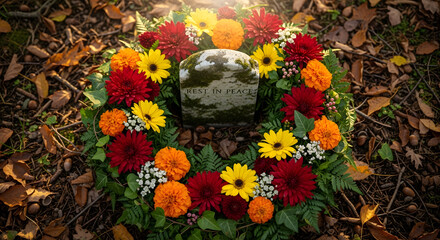 Floral Wreath with Memorial Stone, Autumnal Remembrance