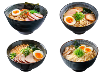Set Japanese noodle ramen bowl isolated on transparent or white background