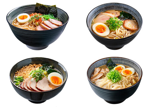 Set Japanese noodle ramen bowl isolated on transparent or white background