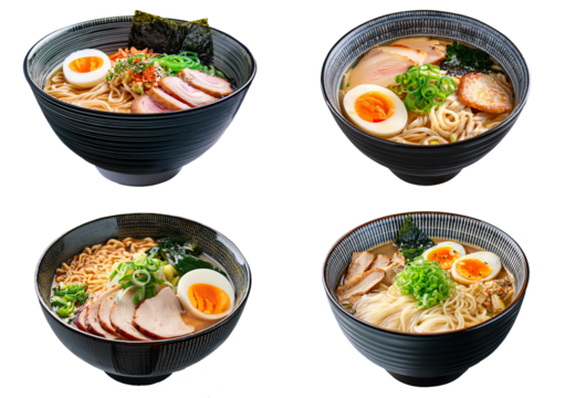 Set Japanese noodle ramen bowl isolated on transparent or white background