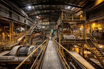 Fototapeta premium Detailed interior view of a mineral processing plant, showcasing complex metal structures and machinery illuminated by warm ambient light. Highlighting industrial manufacturing environment.