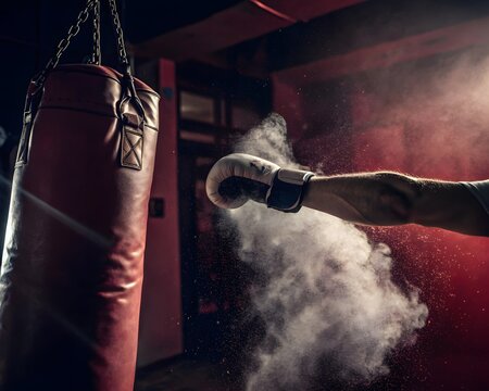 Boxer s fist impacting punching bag creating cloud of dust and smoke