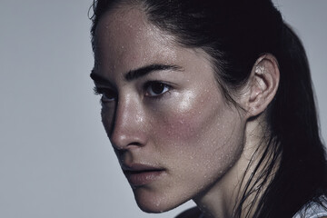 closeup portrait of person showcasing their glowing skin postworkout with radiant sweat droplets and dewy sheen