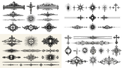 Gothic ornamental crosses and vintage religious dividers in black and white, perfect for tattoo design, spiritual art, and antique decoration projects.