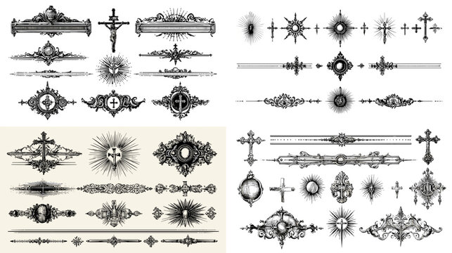 Gothic ornamental crosses and vintage religious dividers in black and white, perfect for tattoo design, spiritual art, and antique decoration projects.