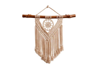 Macrame Wall Hanging with Wooden Branch and Tassels isolated on transparent or white background.