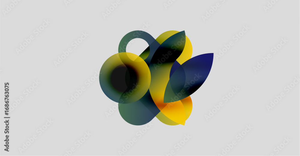 Poster abstract shapes overlap, creating vibrant color blends. yellows, blues, greens form dynamic composit