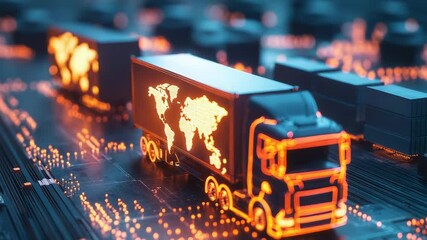 Luminous truck carrying world map driving on circuit board symbolizing global logistics - Powered by Adobe