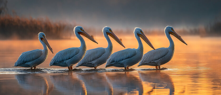 Early morning at Grand Lake O&rsquo; the Cherokees during Pelican Festival in Grove, Oklahoma. Dozens of white pelicans glide gracefully across misty water