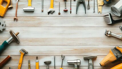 Various work tools forming frame on wooden background