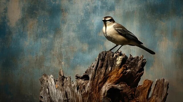 Perched bird on weathered stump against a textured backdrop
