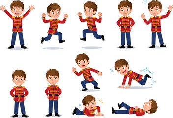 Cartoon boy character in red military uniform with various poses and expressions, marching guard kid illustration, cute soldier vector clipart